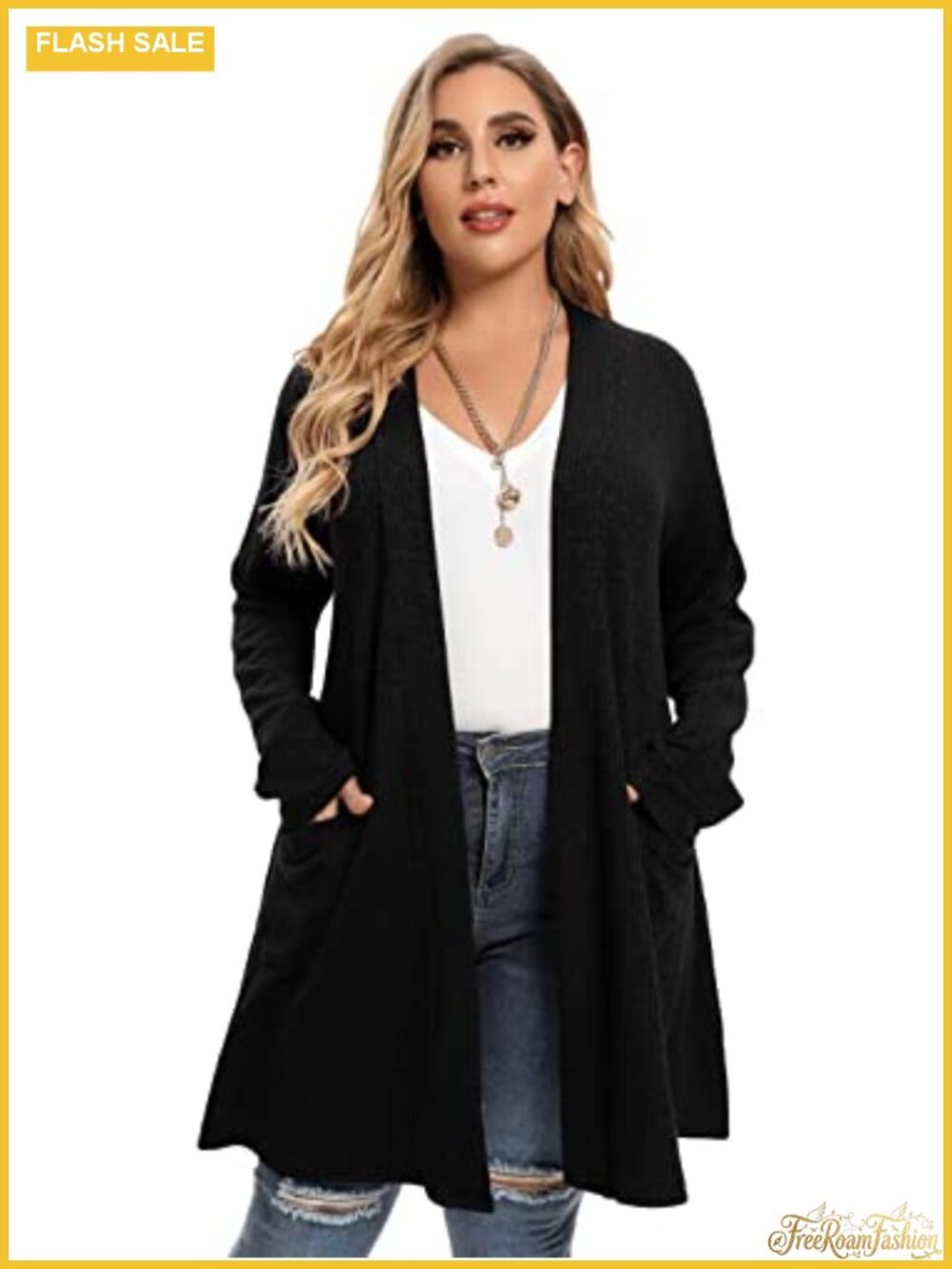 Open Front Knit Cardigan Sweater with Pockets Long Sleeve Loose Fit